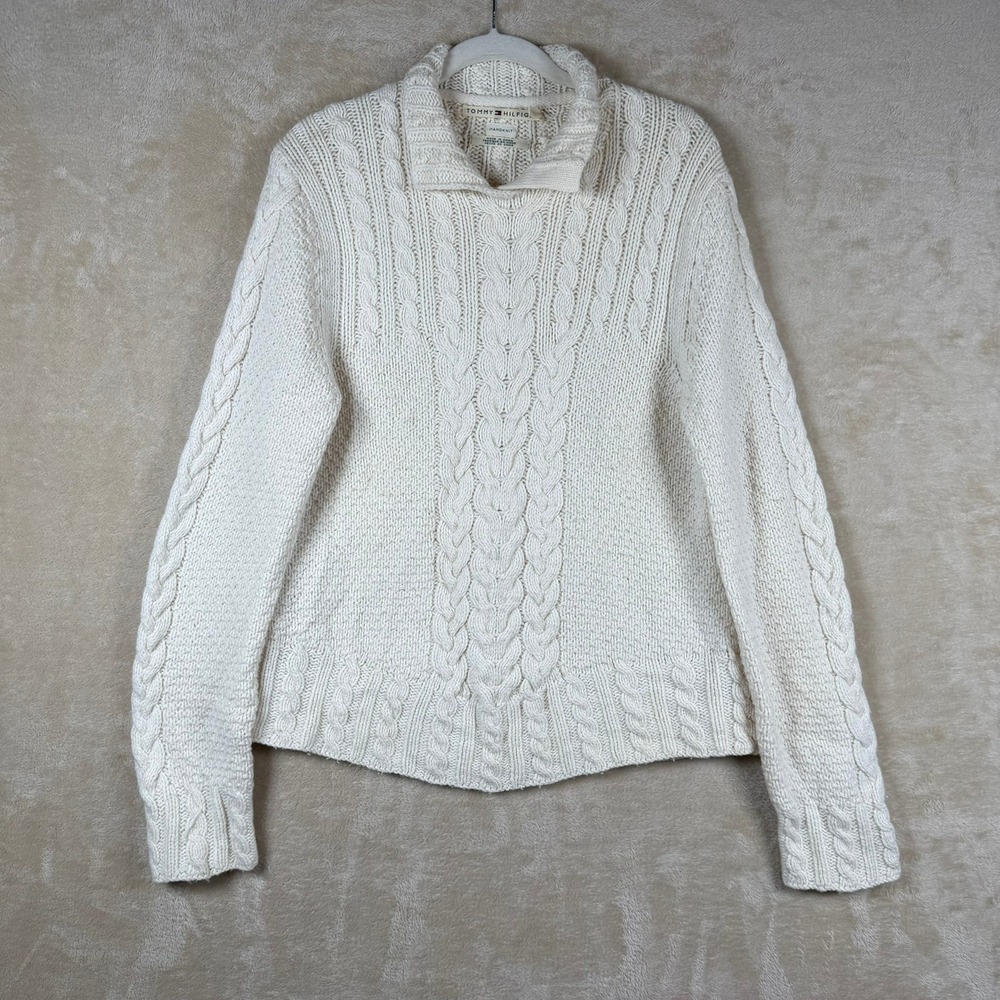 Tommy‎ Hilfiger Cream Cable Knit Handknit Sweater L Wool Blend Laganlook Preppy